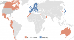 Estados Unidos tiene actualmente 14 Tratados de Libre Comercio (TLC) vigentes, que abarcan 20 países.